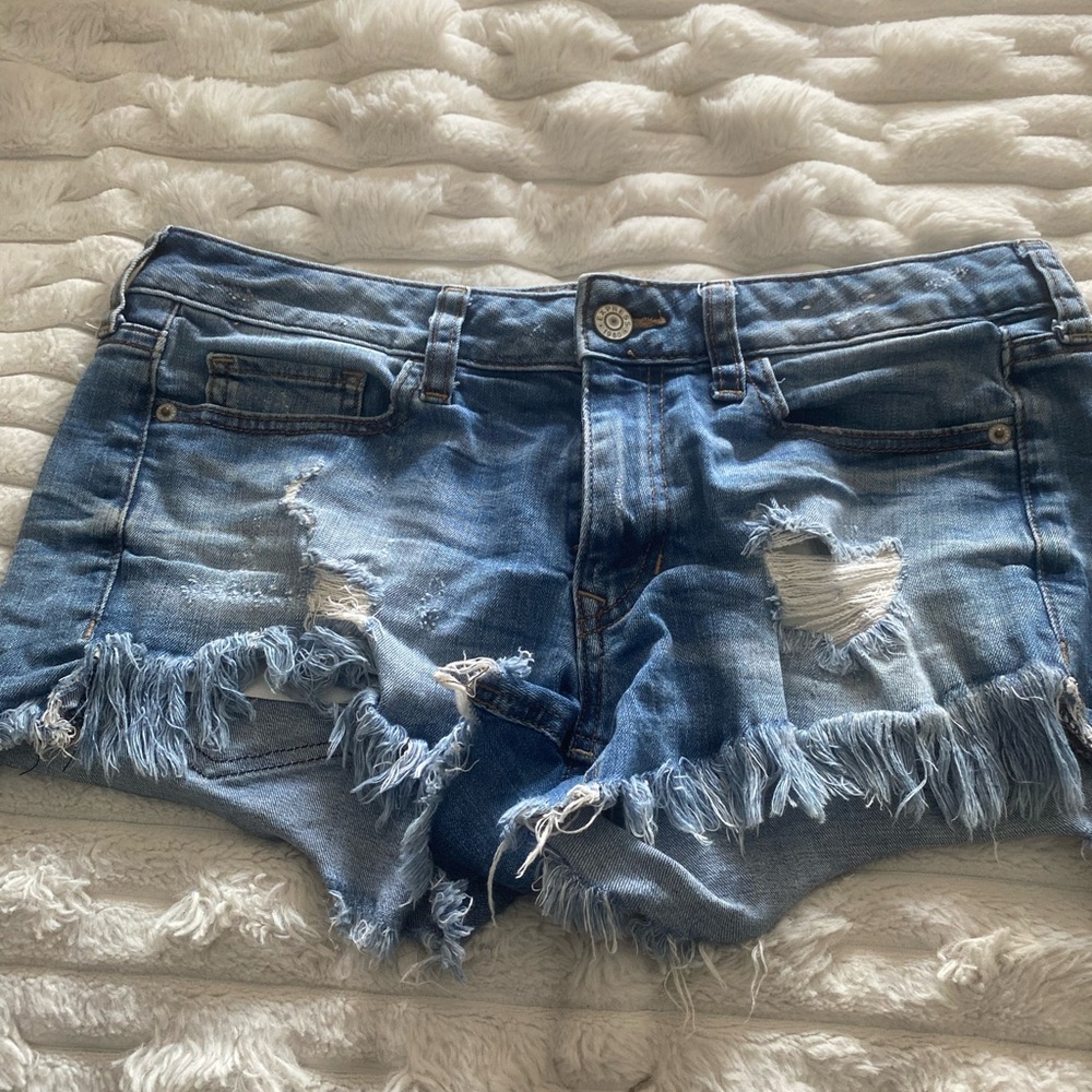 Express Distressed Medium Blue Denim Cutoff Shorts